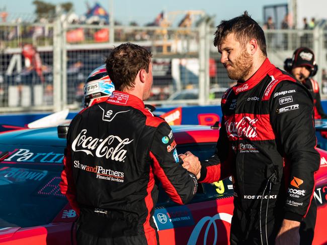 PERTH, AUSTRALIA - APRIL 30: (EDITORS NOTE: A polarizing filter was used for this image.) (L-R) Will Brown driver of the #9 Coca-Cola Racing Chevrolet Camaro ZL1, Brodie Kostecki driver of the #99 Coca-Cola Racing Chevrolet Camaro ZL1 during race 2 of the Perth Supersprint, part of the 2023 Supercars Championship Series at Wannero Raceway on April 30, 2023 in Perth, Australia. (Photo by Daniel Kalisz/Getty Images)