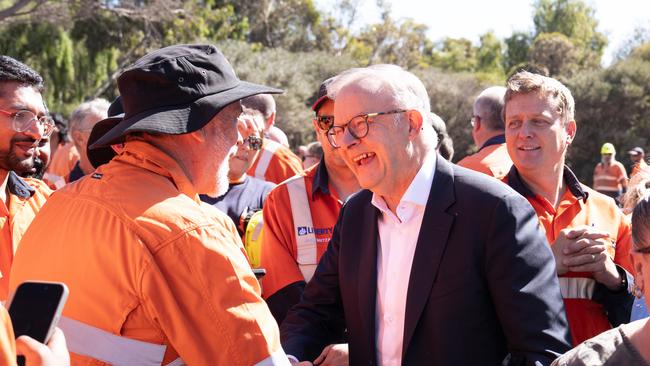 Anthony Albanese with workers at Whyalla Steelworks on Thursday. Picture: NewsWire / Tim Joy