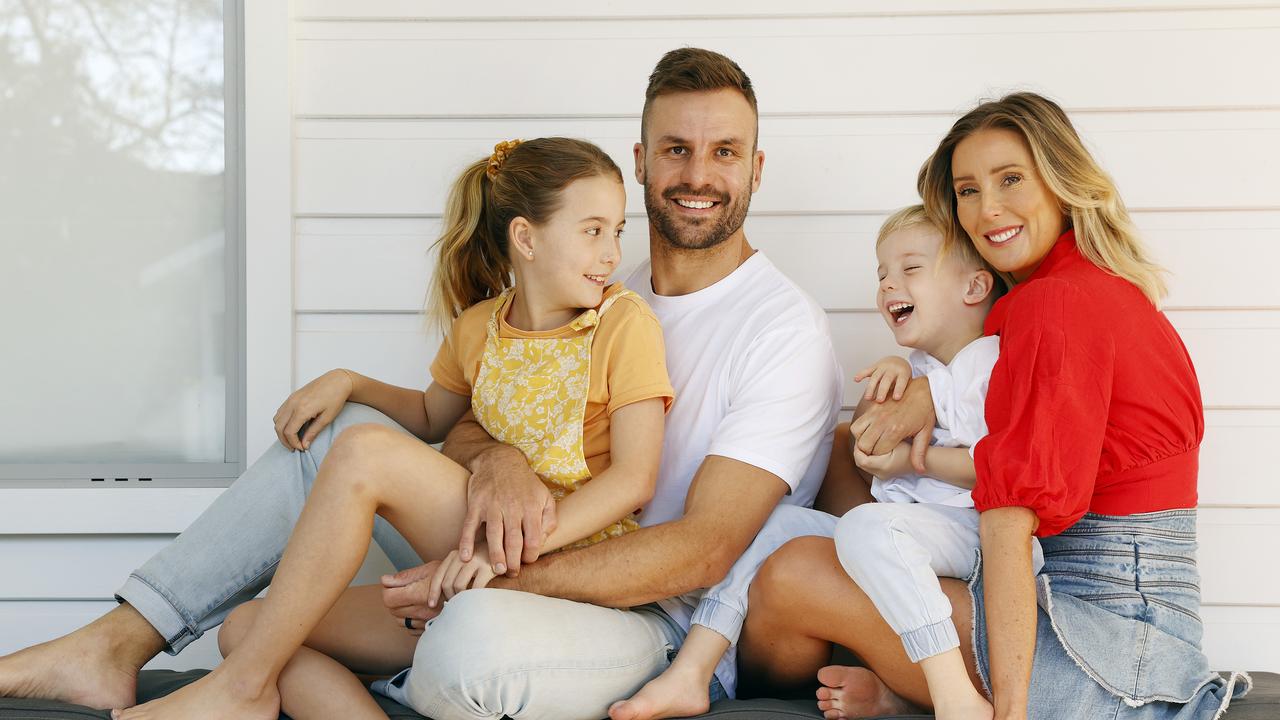 Beau Ryan and his family at home in Cronulla with daughter Remi son Jesse and wife Kara. Picture: Sam Ruttyn