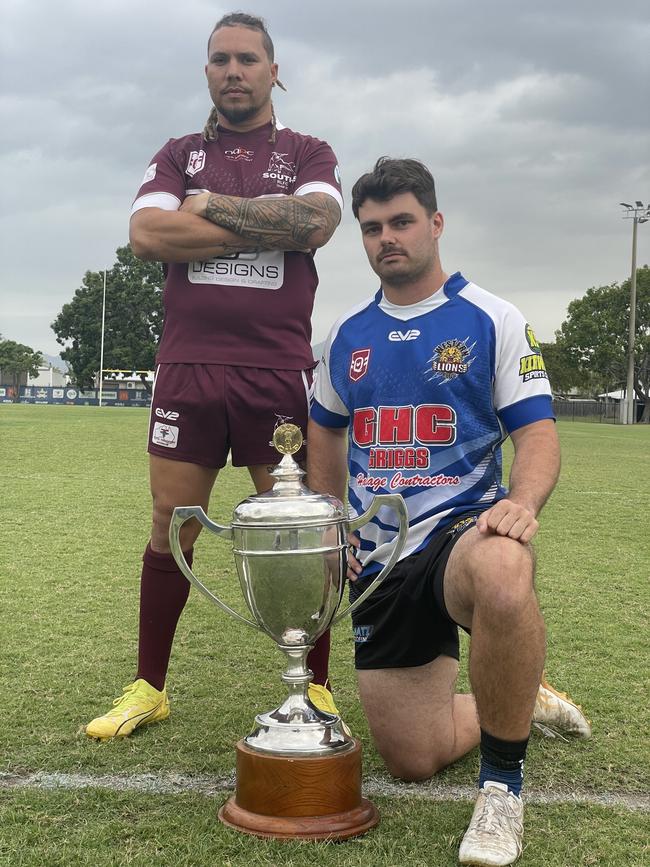 Rugby League Townsville and District 2024 grand final captains Shaun Nona of Souths Bulls and Daniel Buckland of Western Lions. Picture: Nic Darveniza