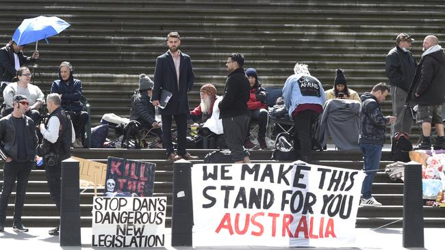 A small crowd gathers at Parliament House. Picture: Andrew Henshaw