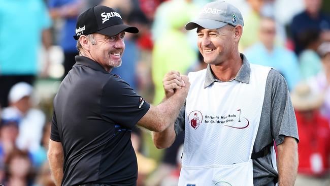 Rodney Pampling celebrates winning on the tour for the first time in 10 years.