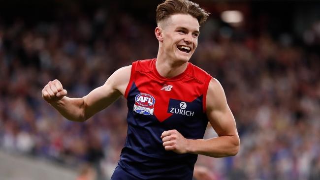 PERTH, AUSTRALIA - SEPTEMBER 25: Bayley Fritsch of the Demons celebrates a goal during the 2021 Toyota AFL Grand Final match between the Melbourne Demons and the Western Bulldogs at Optus Stadium on September 25, 2021 in Perth, Australia. (Photo by Michael Willson/AFL Photos via Getty Images)