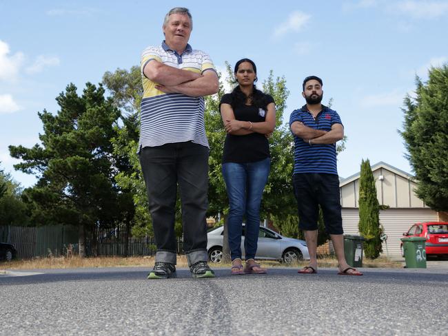 Residents Chris Deutscher, Gagandeep Chumber and Jyoti Ranan are sick of hoons tearing up their street. Picture: George Salpigtidis