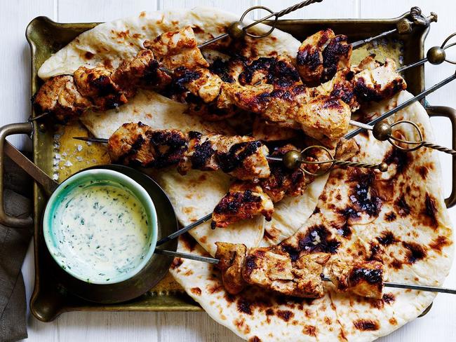 Tandoori chicken skewers with mint yoghurt.