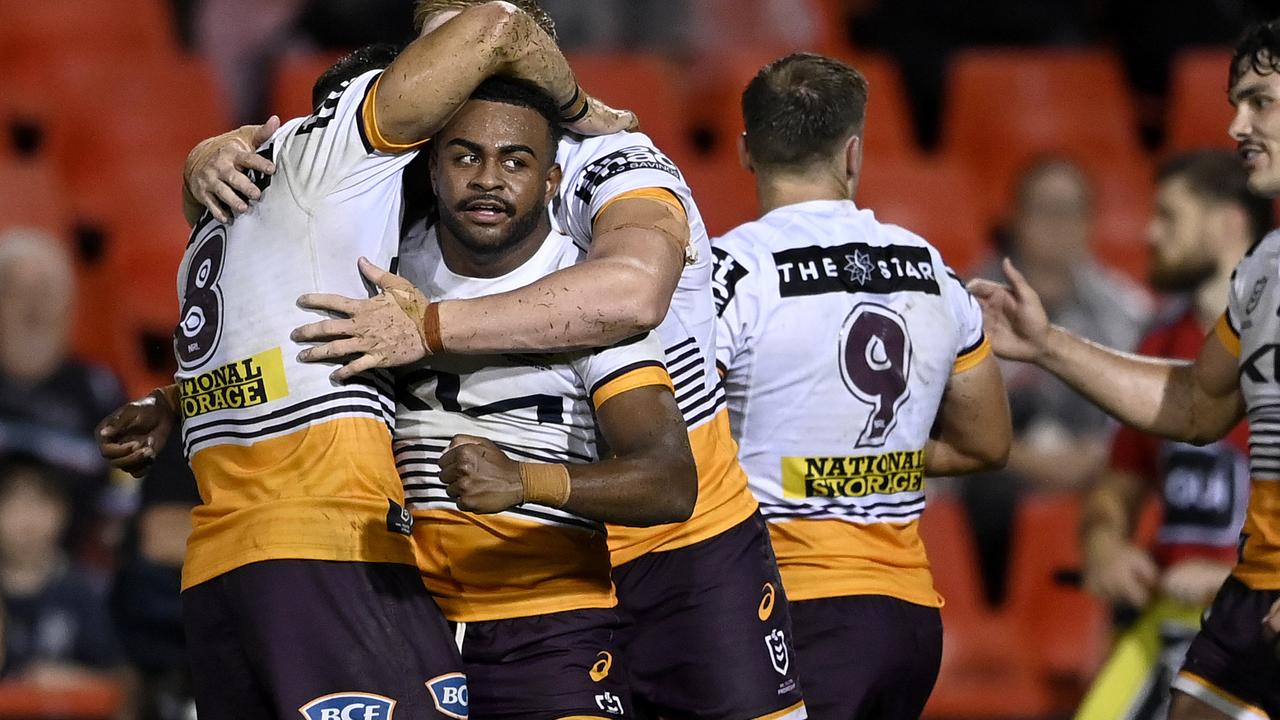 Broncos players celebrate their win over the Panthers. Picture: NRL Photos