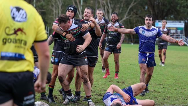 Luke Hetherington celebrates his try. Picture: D Wigley