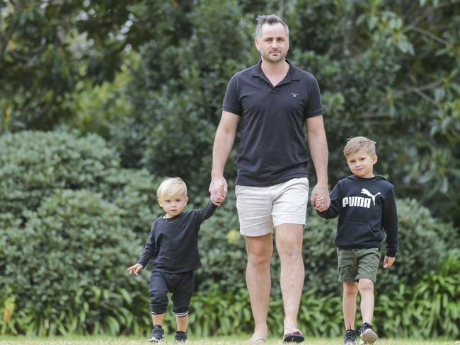 Former AFL player Ty Zantuck with kids Jagger, 6, and Zepplin, 2. Picture: Wayne Taylor