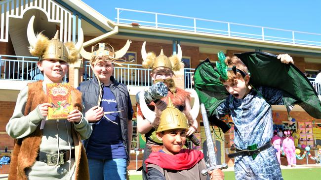 Dressed up for Book Week 2023 at Toowoomba Grammar School are (from back to front from left) Harry Constable, Charlie Mowbray, Edward Boland, and front Hiresh Wanasinghe, Anthony Polatos. Picture: Rhylea Millar