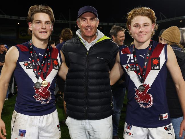 Then Will, left, and Levi with dad Marcus after the Sandringham’s 2022 grand final. Picture: Daniel Pockett/AFL Photos