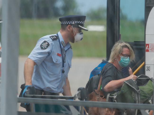 Dili Flight lands in Darwin , passengers being transported by bus to their 14 day quarantine hotels.Picture GLENN CAMPBELL