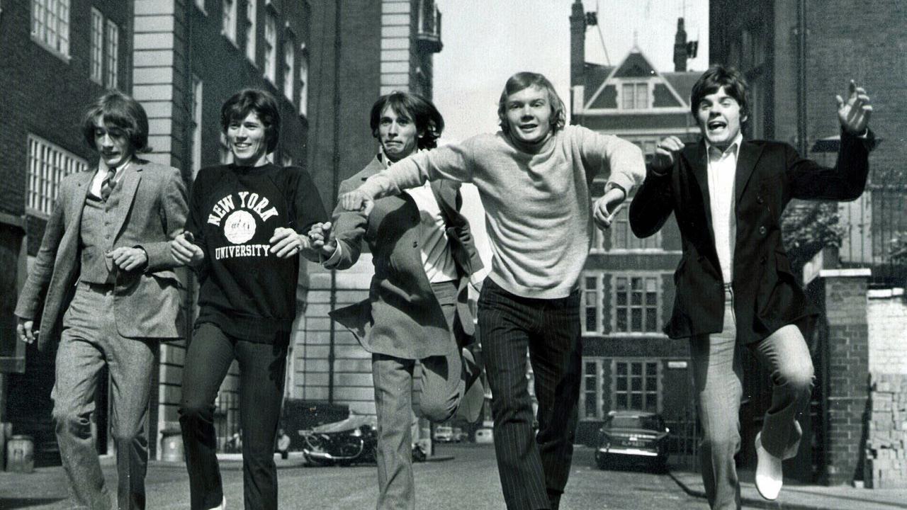 Australian band Bee Gees in London, from left, Robin Gibb, Barry Gibb, Maurice Gibb, Colin Petersen and Vince Melouney. Picture: The Courier Mail