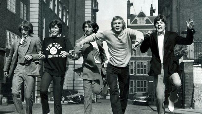 Australian band Bee Gees in London, from left, Robin Gibb, Barry Gibb, Maurice Gibb, Colin Petersen and Vince Melouney. Picture: The Courier Mail