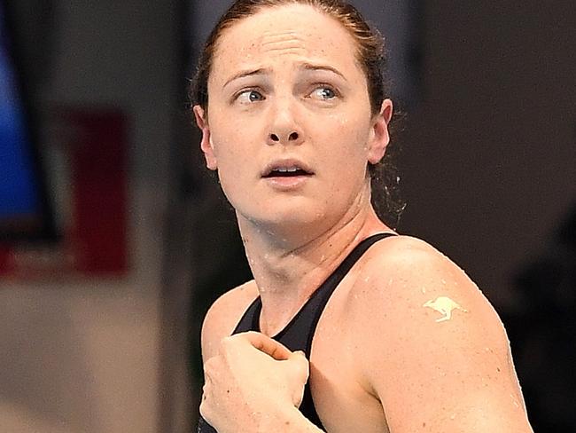 Cate Campbell of Australia is seen after failing to place in the Women's 50m Freestyle final, at the Olympic Aquatics Stadium on day eight of the Rio 2016 Olympic Games in Brazil, Saturday, Aug. 13, 2016. (AAP Image/Dave Hunt) NO ARCHIVING, EDITORIAL USE ONLY