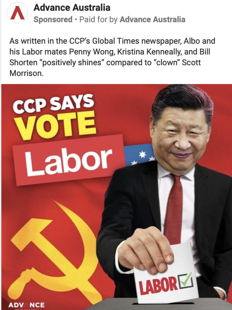 A 2022 federal election ad from the Advance Australia lobby group placed on Facebook.