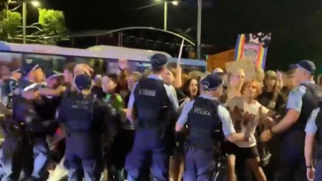 Protesters were moved on by NSW Police at Oxford St. Picture: Supplied/ @brianthomsontv