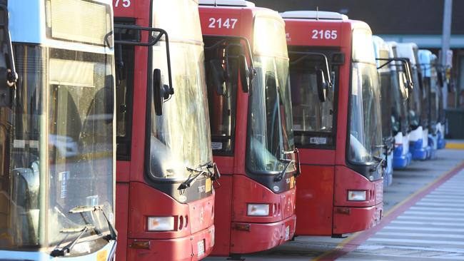 Buses fill State Transit’s Tempe Bus Depot as up to 1200 bus drivers strike in Sydney. Picture: AAP Image/Dean Lewins.
