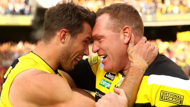 Alex Rance and Justin Leppitsch celebrate after winning the 2017 grand final. Picture: Mark Kolbe/AFL Media/Getty Images