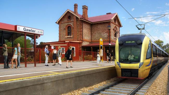 An artist’s impression of Gawler Railway Station with an electrified train.