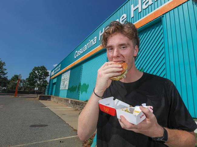 Tyler Bell is keen to get his hands on a Big Mac at the site of a proposed new McDonald’s in Casuarina. But if the store is set to relocate from Casuarina Square, he may be waiting a while. Picture: Glenn Campbell