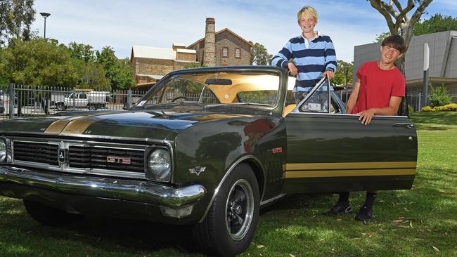 Max Barnett, 13, and Jack Petersen, 13, with a HT 1970 Monaro. Picture: Tom Huntley