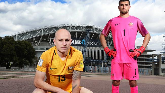 HOLD DO NOT USE WITHOUT PERMISSION FROM TIM MORRISSEY HEAD OF DAILY TELEGRAPH SPORT - Aaron Mooy and Mat Ryan of the Socceroos pose for a portrait ahead of Australia's World Cup playoff against Honduras at ANZ Stadium, Sydney. Picture: Brett Costello