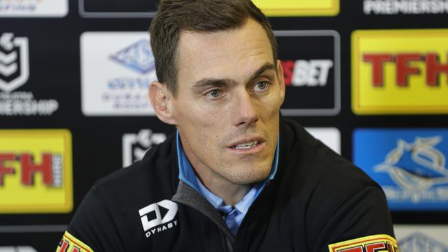 SYDNEY, AUSTRALIA - JULY 25: Sharks coach John Morris talks in the post match press conference after the round 11 NRL match between the  Cronulla Sharks and the St George Illawarra Dragons at Netstrata Jubilee Stadium on July 25, 2020 in Sydney, Australia. (Photo by Mark Evans/Getty Images)