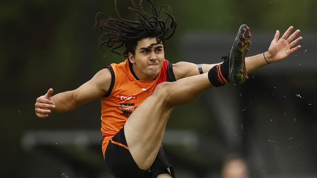 MELBOURNE, AUSTRALIA - APRIL 01: Isaac Kako of the Cannons kicks for goal during the round two Coates Talent League Boys match between Calder Cannons and Sandringham Dragons at Highgate Recreation Reserve on April 01, 2023 in Melbourne, Australia. (Photo by Daniel Pockett/AFL Photos/via Getty Images)