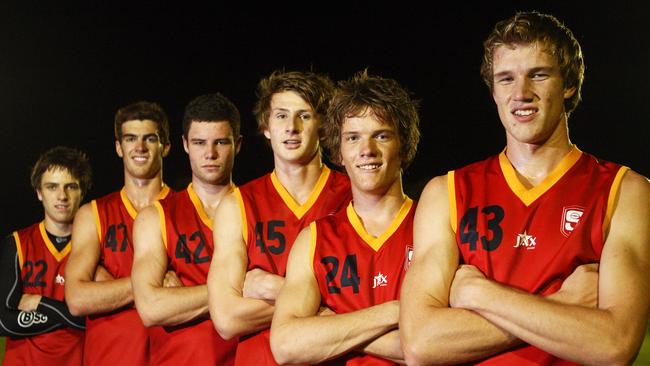 2011 AFL draft hopefuls Brodie Smith, left, Scott Lycett, Patrick McCarthy, Daniel Gorringe, Jared Polec, and Sam Day during SA under 18 training at AAMI Stadium.