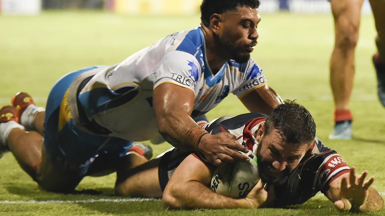 James Tedesco was a standout for the Roosters, scoring three tries, including his 100th NRL try. Picture: Getty Images.