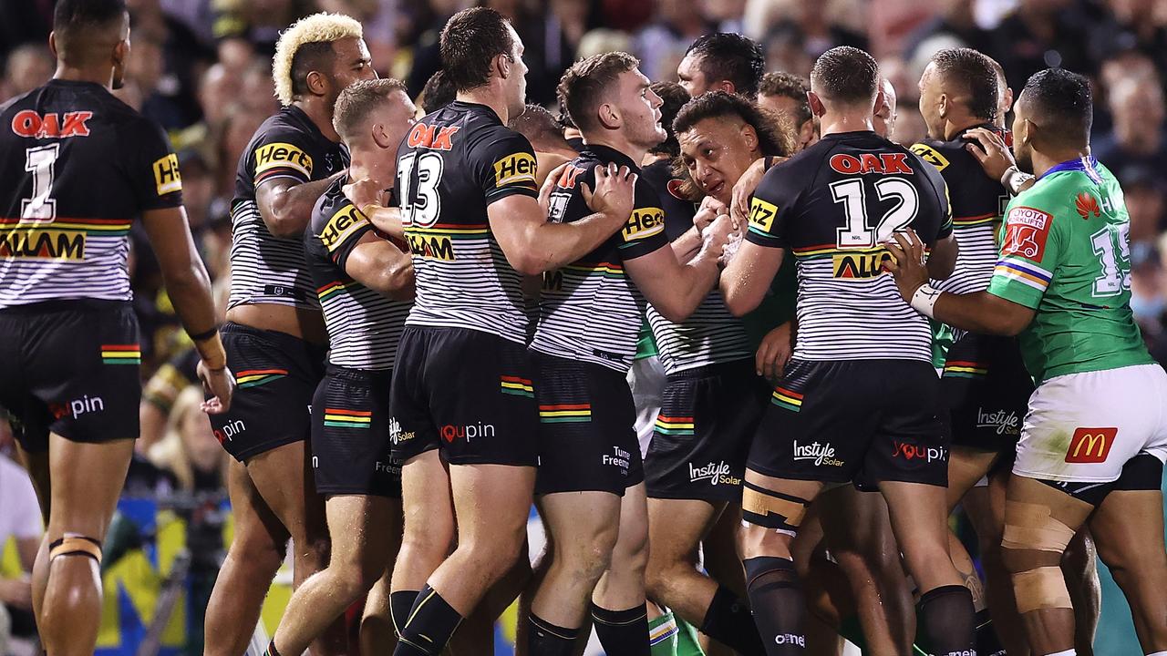 The scuffle between Panthers and Raiders players.