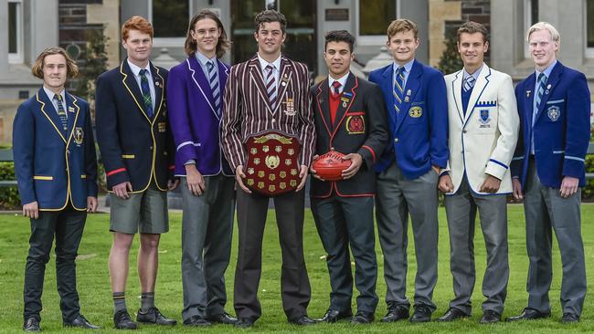 College footy captains pictured at the Messenger Shield season launch. (From left) Sam Wormald (Immanuel), Angus Kitto (Scotch), Zac Stroud (CBC – division two), Karl Finlay (PAC) Stefan Lanzoni (Rostrevor), Tully Kennett (Pembroke), Will Warrick (St. Peter’s) and Beau McRae (Sacred Heart). Picture: AAP/Roy VanDerVegt