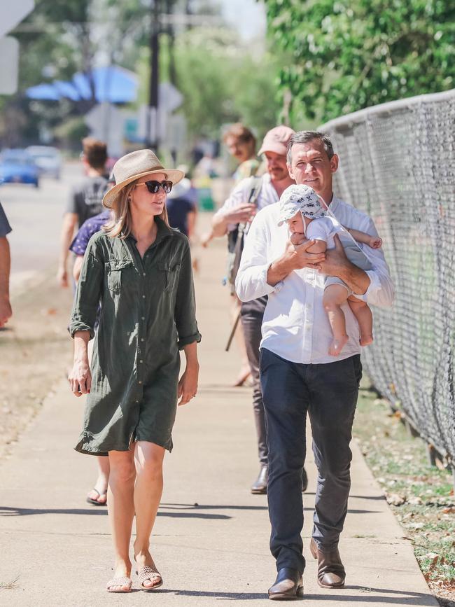 Chief Minister Michael Gunner, his wife Kirsty O'Brien and son Hudson arriving at the Fannie Bay Electorate polling booth at Parap Primary School. Picture: Glen Campbell