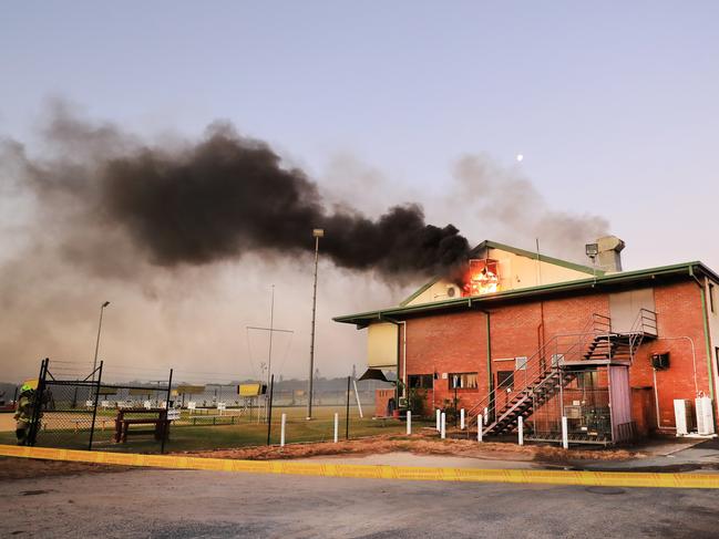 Flames burst from the roof of the Cudgen Leagues club as Queensland Fire Brigade Officers assist local Kingscliff and Tweed Units to fight the fire .Photo Scott Powick Newscorp