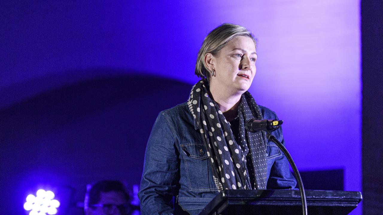 Prevention of Domestic and Family Violence Minister Amanda Camm speaking at Protea Place candlelight vigil to mark Domestic and Family Violence Prevention Month at Gips Restaurant, Tuesday, May 13, 2025. Picture: Kevin Farmer