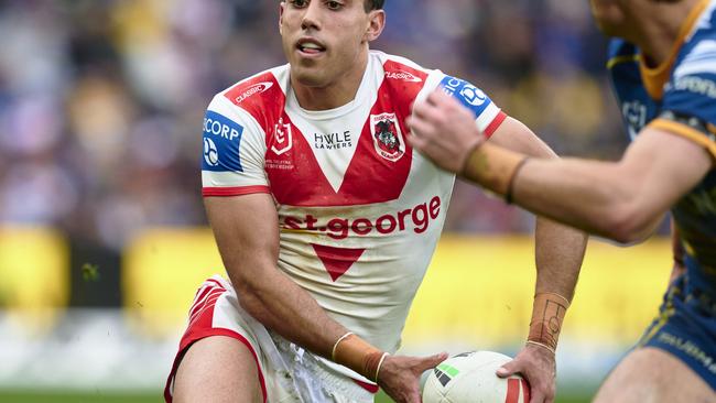 SYDNEY, AUSTRALIA - AUGUST 06: Tyrell Sloan of the Dragons runs the ball during the round 23 NRL match between Parramatta Eels and St George Illawarra Dragons at CommBank Stadium on August 06, 2023 in Sydney, Australia. (Photo by Brett Hemmings/Getty Images)