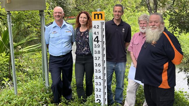 Inspector Jack Frost, mayor Chris Cherry, stormwater engineer Leon McClean, Philip Taylor and Reg Robinson all hope the new automated flood alerts will give residents ample warning for floods.