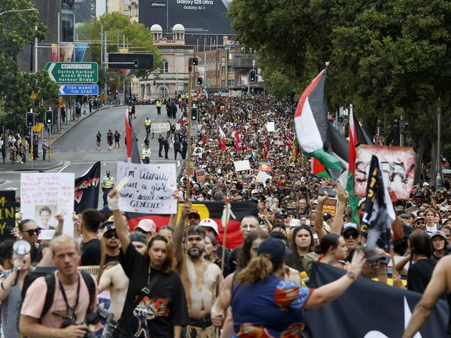 Protesters march at the “Invasion Day” protest in Sydney. Picture: NewsWire / Damian Shaw