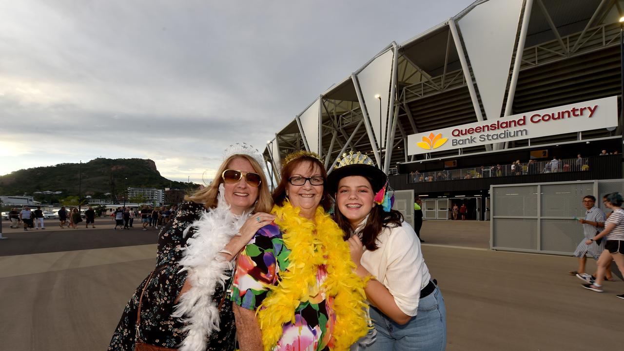 Elton John performs at the Queensland Country Bank Stadium in Townsville. Karlie Hoare, Michele (correct) Pylant and Peyton Hoare. Picture: Evan Morgan