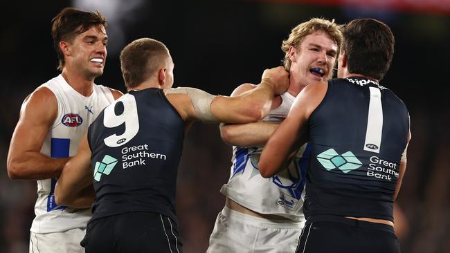 Jack Silvagni and Jason Horne-Francis clash on Saturday night. Picture: Michael Klein