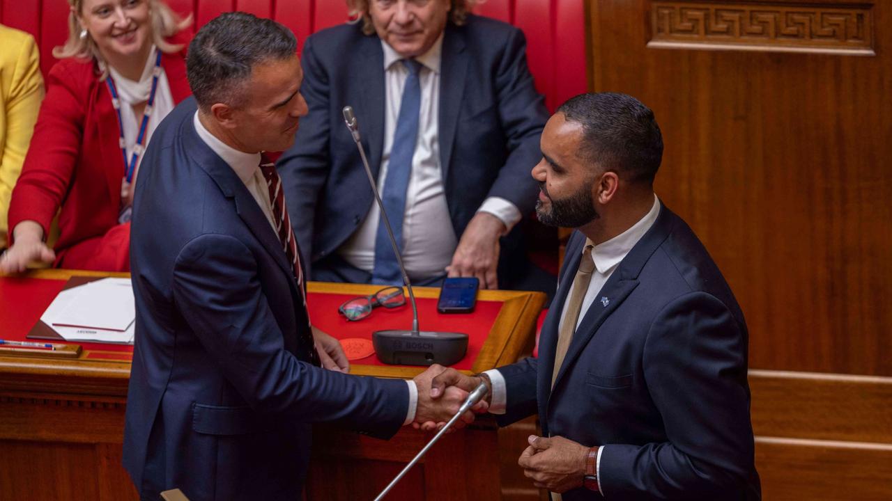 Premier Malinauskas shakes hands with Mr Bilney at the end of the speech. Picture: NewsWire/ Ben Clark