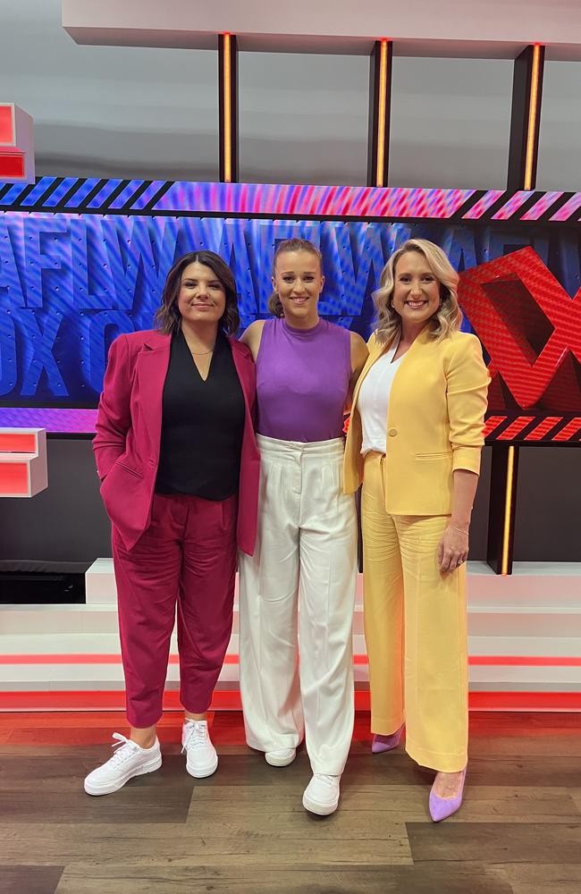 Kelli Underwood, Ruby Schleicher and Lauren Wood on the set of AFLW On Fox. Picture: Supplied