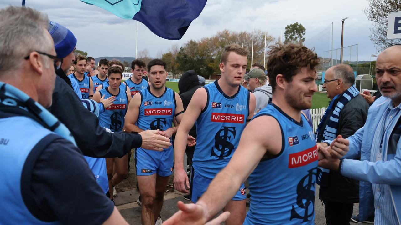 Sturt players walk from the field after winning the Round 8 SANFL match between Sturt FC and West Adelaide at Unley Oval in Adelaide, Sunday, June 4, 2023. (SANFL Image/David Mariuz)