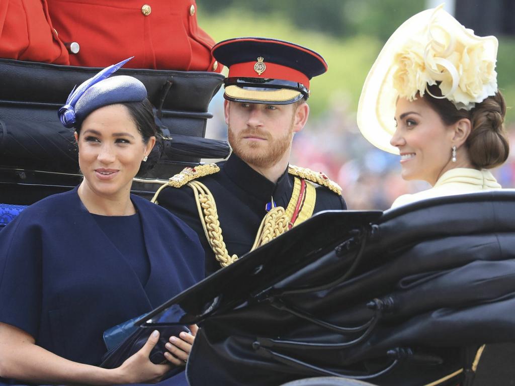 Meghan Duchess of Sussex, Prince Harry and Kate Duchess of Cambridge attend the annual Trooping the Colour Ceremony in London. Picture: Gareth Fuller/PA via AP