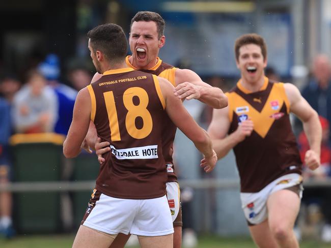 Ross Celano celebrates his first goal with Drysdale. Picture: Mark Wilson