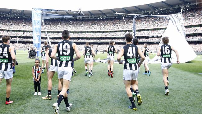 Collingwood’s collapsed banner in the 2018 grand final. Picture: David Caird