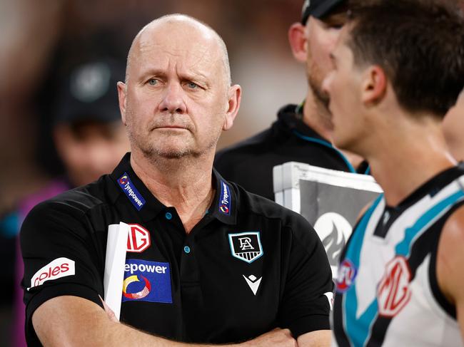 MELBOURNE, AUSTRALIA - MARCH 15: Ken Hinkley, Senior Coach of the Power looks on during the 2025 AFL Round 01 match between the Collingwood Magpies and the Port Adelaide Power at the Melbourne Cricket Ground on March 15, 2025 in Melbourne, Australia. (Photo by Michael Willson/AFL Photos via Getty Images)