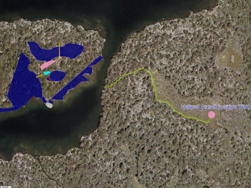 Images from the development application for a standing camp on Halls Island on Lake Malbena.