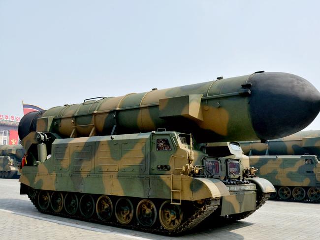 A vehicle equipped with a launch tube for new medium-range ballistic missile Pukguksong-2 is seen during a military parade at Kim Il Sung Square in Pyongyang. Picture: Supplied