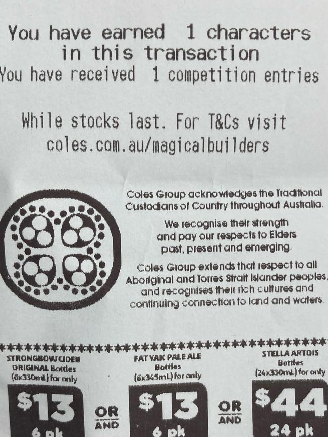 A Coles receipt showing Acknowledgement of Country.